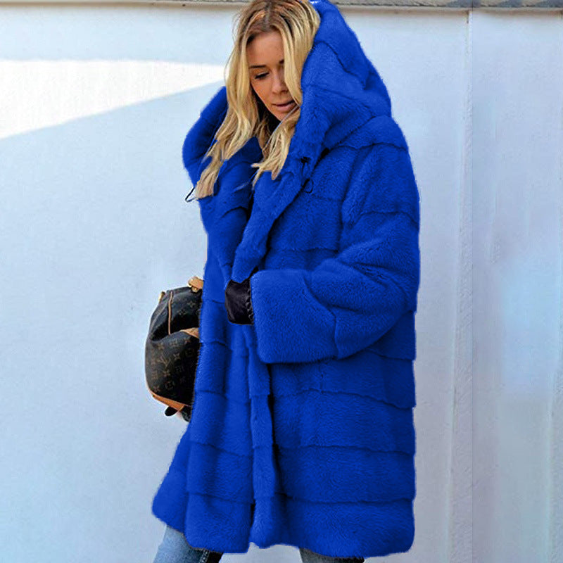 Solid Color Loose Plush Hooded Coatimitation Fur