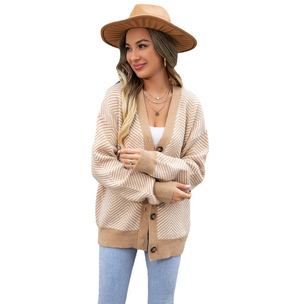 Women's Fashion Casual Cardigan Color Matching Button Sweater Top