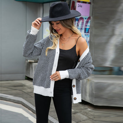 Women's Fashion Casual Cardigan Color Matching Button Sweater Top