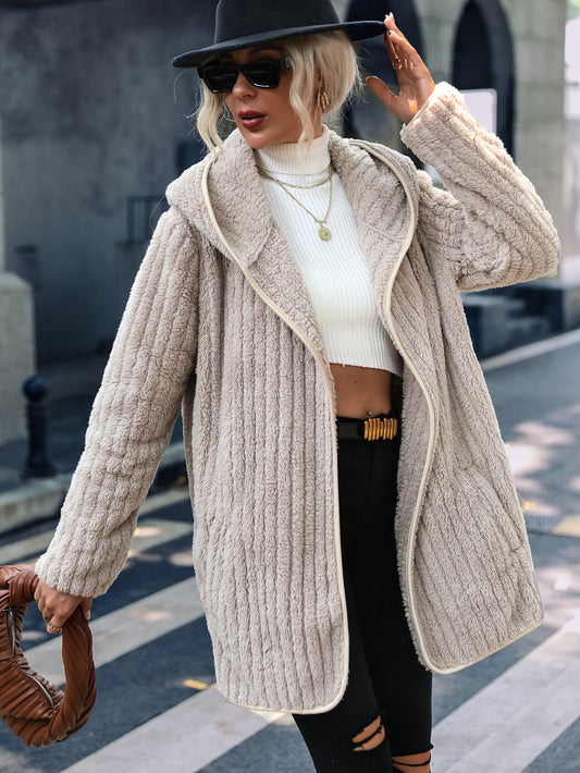 Hooded Edge Binding Reversible Plush Cardigan